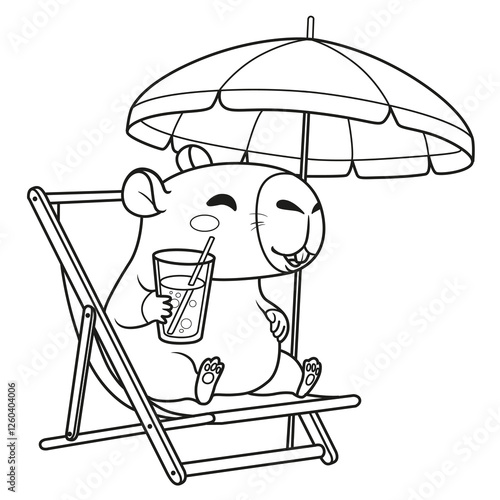 Cute cartoon capybara sitting in sun lounger under an umbrella and relaxing with drink in a glass outlined for coloring page on white background