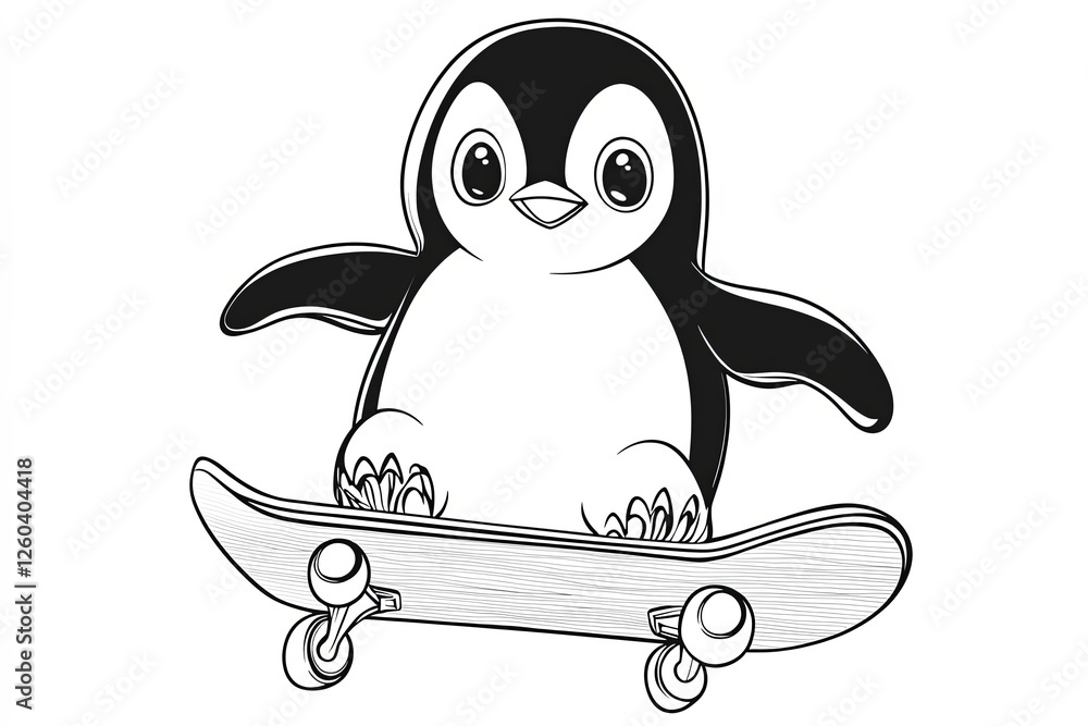 Obraz premium Cute penguin vector illustration playing skateboard. Black and white outline coloring book.