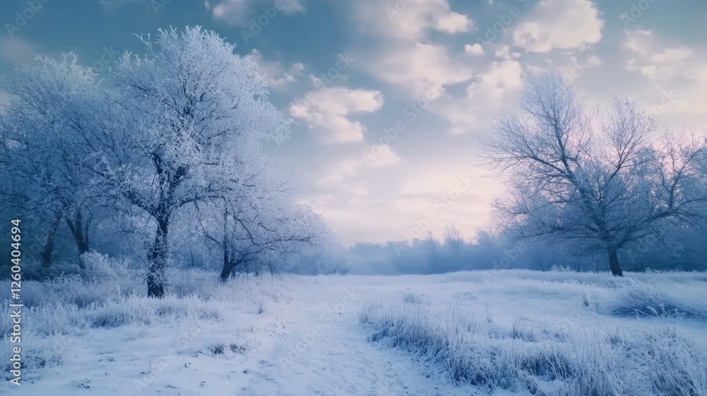 Winter Wonderland with Frosty Trees and Cloudy Sky Ideal for Text Overlay in 4K Time Lapse Footage Winter Wonderland with Frosty Trees and Cloudy Sky Ideal for Text Overlay in 4K Time Lapse Footage