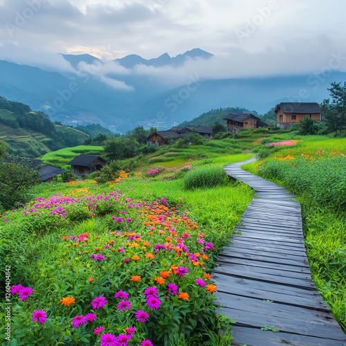 Scenic landscape with colorful flowers and a wooden path amidst mountains. photo