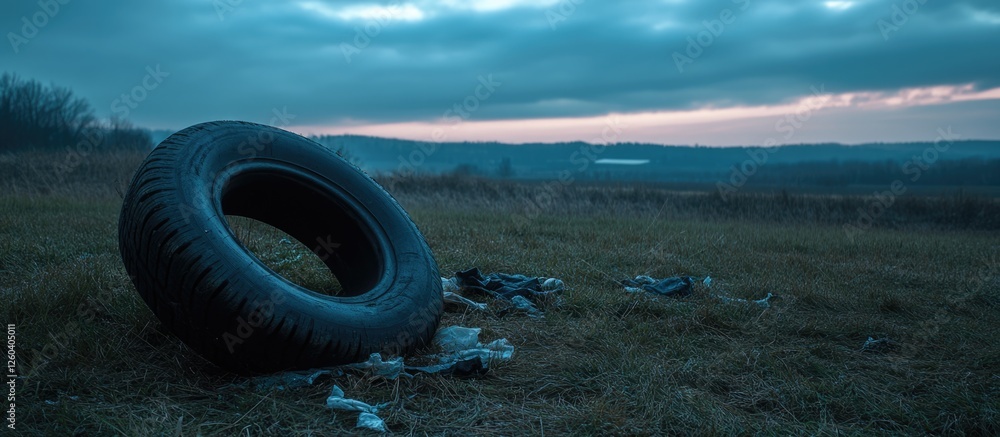 Tire resting on grassy field during dusk with plastic cover conveying serene and abandoned atmosphere for text placement. Tire resting on grassy field during dusk with plastic cover conveying serene and abandoned atmosphere for text placement.