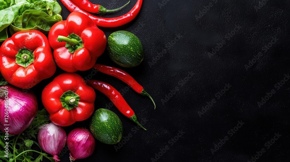 Fresh red peppers, onions, and herbs on dark background. Food photography for recipe blogs Fresh red peppers, onions, and herbs on dark background. Food photography for recipe blogs