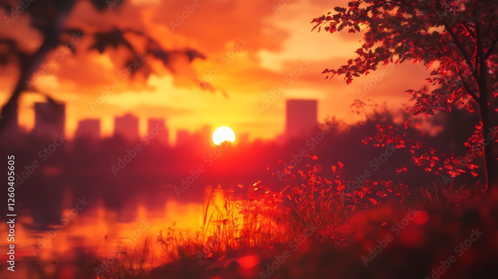 Serene sunset over city skyline reflecting in water, vibrant colors, peaceful atmosphere. Serene sunset over city skyline reflecting in water, vibrant colors, peaceful atmosphere.