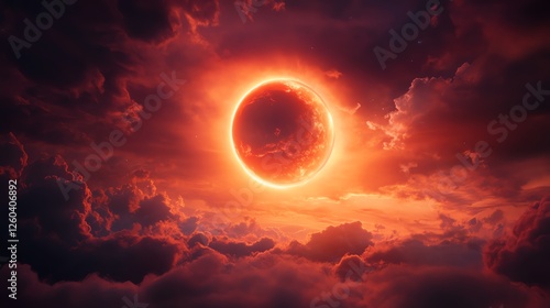 Stunning solar eclipse against a dramatic red and orange sky.