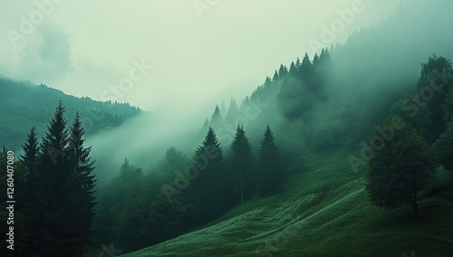 Misty mountain forest landscape photo