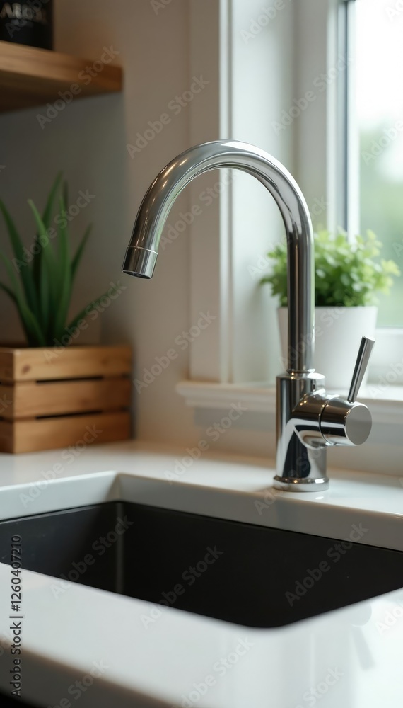 Sleek chrome faucet installed under caf? counter, single handle, modern Sleek chrome faucet installed under caf? counter, single handle, modern
