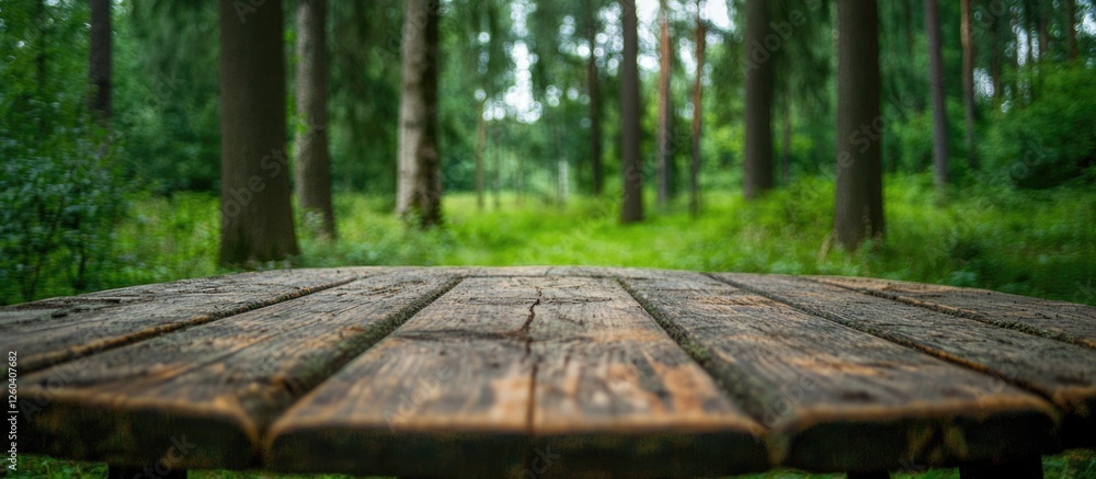 Wooden table in a lush green forest with blurred background and ample empty space for text placement and nature themes. Wooden table in a lush green forest with blurred background and ample empty space for text placement and nature themes.