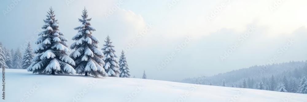 Obraz premium Snow-covered pine trees on white silk background, peaceful, tranquil, serene