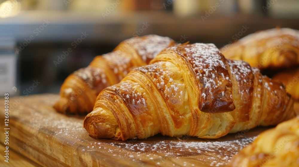 Delicious Golden Croissants with Powdered Sugar - Close-up food pho.