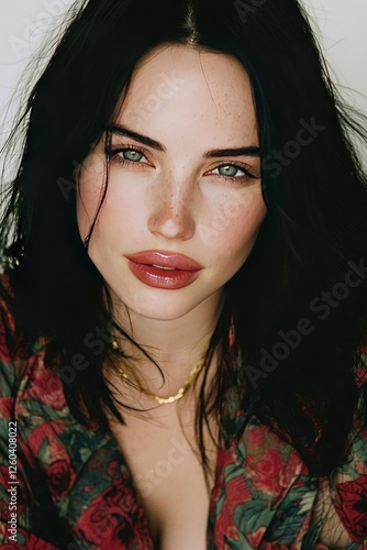 Portrait of a Young Woman with Freckles and Long Black Hair