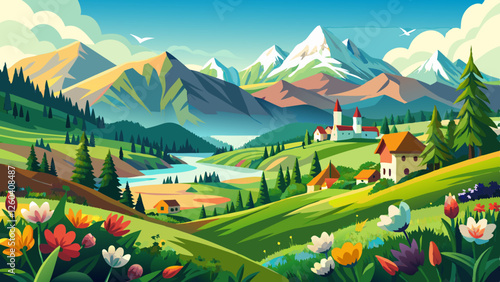 panoramic landscape with alps mountain range at springtime