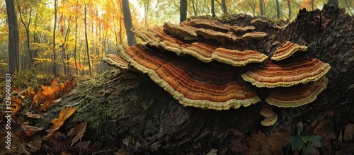 Red belt conk Fomitopsis pinicola growing on decaying wood in a vibrant autumn forest showcasing mushroom details and fall foliage.
