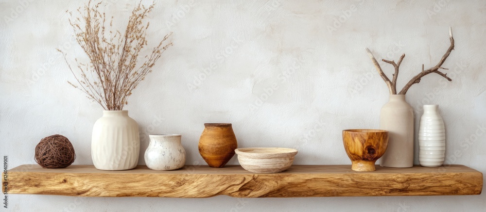Wooden floating shelves displaying organic decor and home accessories with ample empty space for text and design inspiration Wooden floating shelves displaying organic decor and home accessories with ample empty space for text and design inspiration