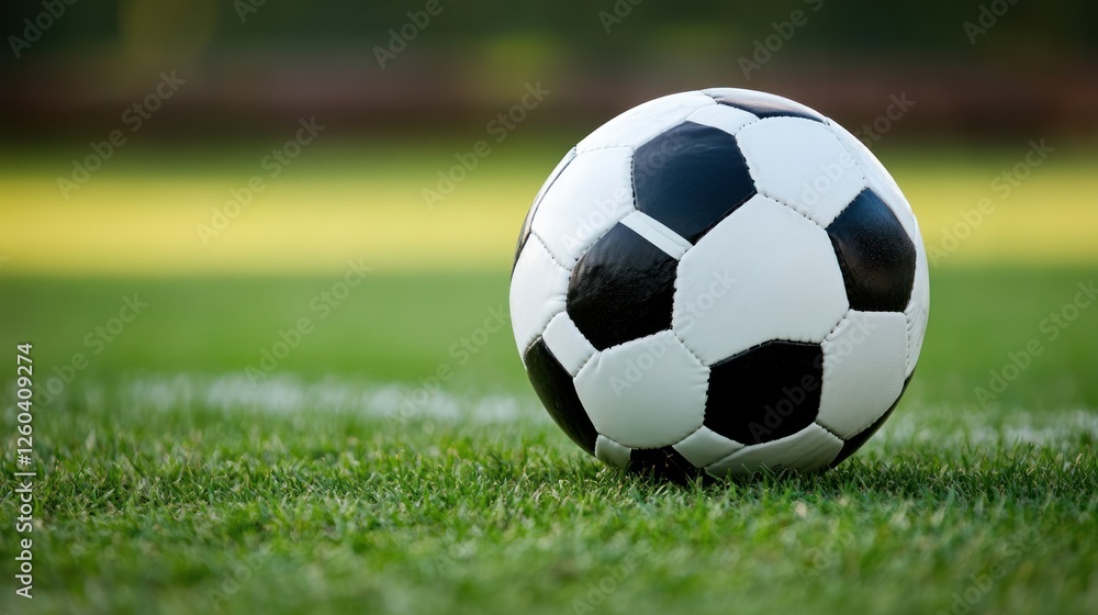 Classic Soccer Ball on Fresh Green Grass Field Ready for Kickoff Classic Soccer Ball on Fresh Green Grass Field Ready for Kickoff