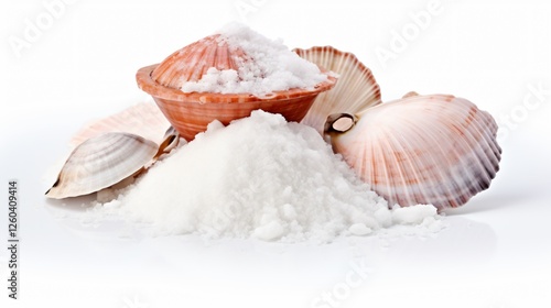 Seashells and Salt on White Background photo