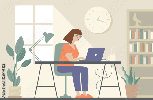 Freelancer woman working from home, remote job, online education, cozy home office, productivity, modern workspace