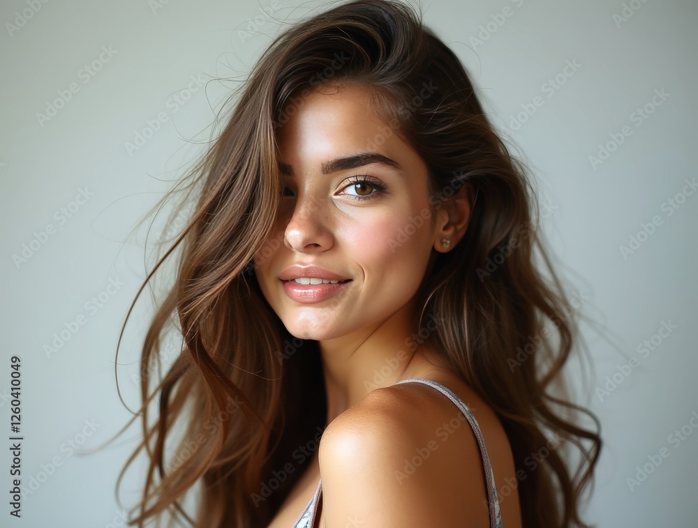 Studio portrait of young woman with long brown hair smiling Studio portrait of young woman with long brown hair smiling