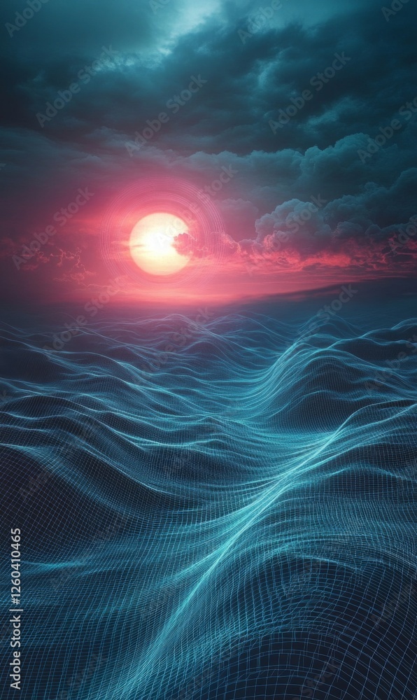 Abstract digital seascape under a surreal sky with radiant sun and dreamy atmosphere Abstract digital seascape under a surreal sky with radiant sun and dreamy atmosphere
