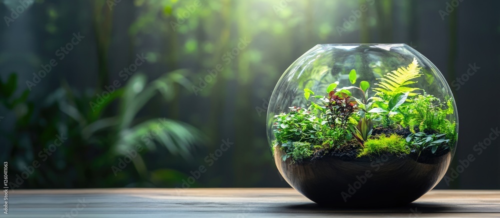 Vertical Terrarium Featuring Low Light Plants in a Lush Environment with Space for Customizable Text Overlay Vertical Terrarium Featuring Low Light Plants in a Lush Environment with Space for Customizable Text Overlay