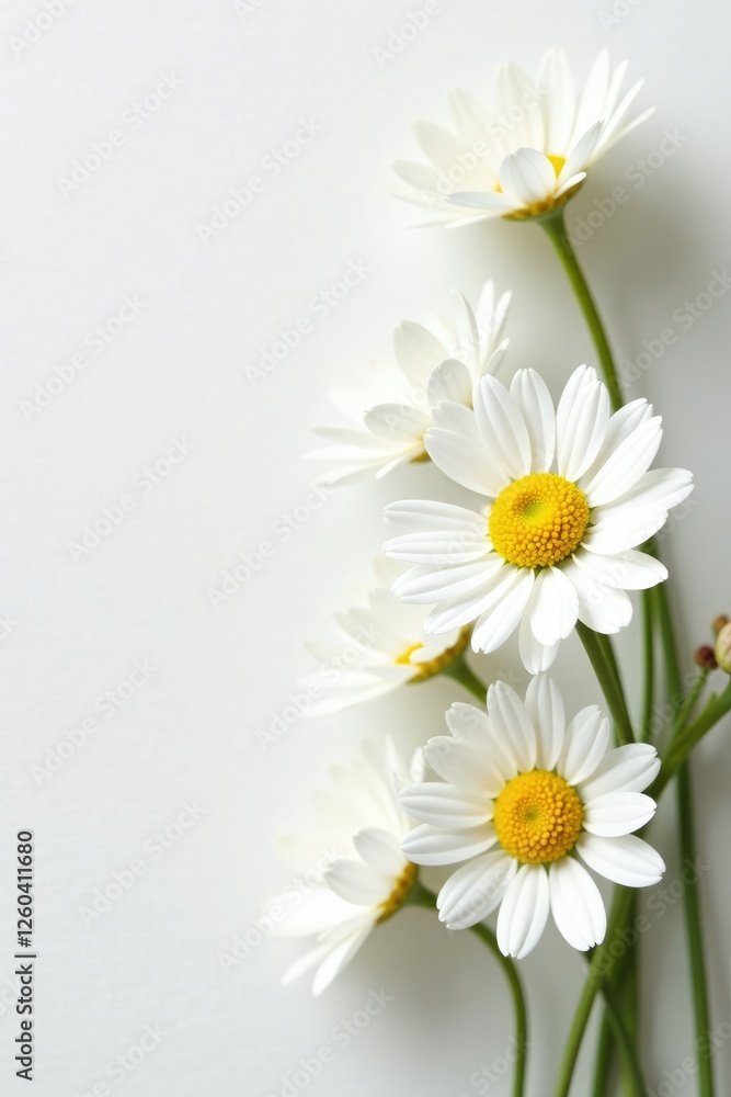 Obraz premium A delicate arrangement of white and yellow daisies on a clean white background, blooms, white, gardenia
