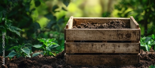 Wooden planter box in eco-friendly garden setting with rich soil surrounded by green foliage and space for customization or text