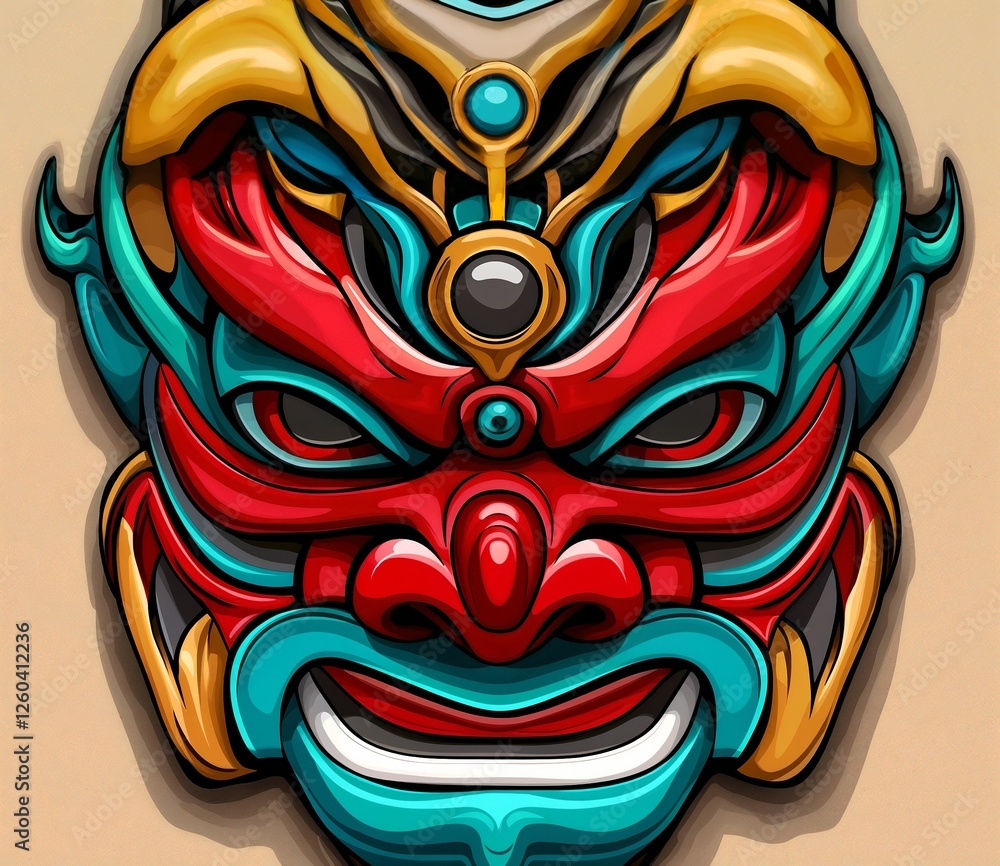 Obraz premium Traditional Japanese Oni Mask in Bold Red and Teal with Gold Accents for Cultural Performance