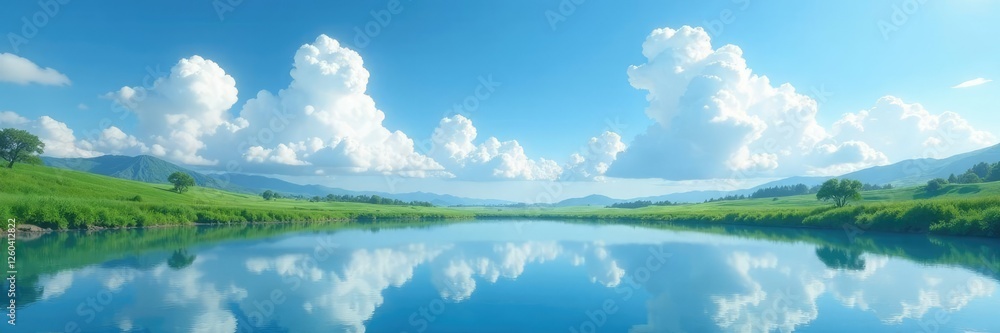 Fototapeta premium A serene and idyllic landscape with a vast expanse of blue sky and puffy white clouds reflected in a peaceful pond, cloud, water