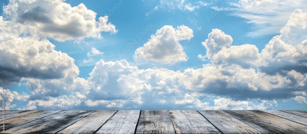 Wooden Table with Clear Blue Sky and White Clouds Ideal for Adding Text or Graphics Background Scene Wooden Table with Clear Blue Sky and White Clouds Ideal for Adding Text or Graphics Background Scene