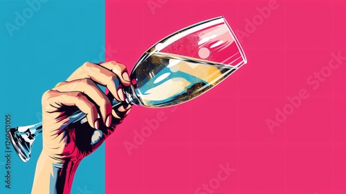 Elegant female hands holding champagne glass over blue background