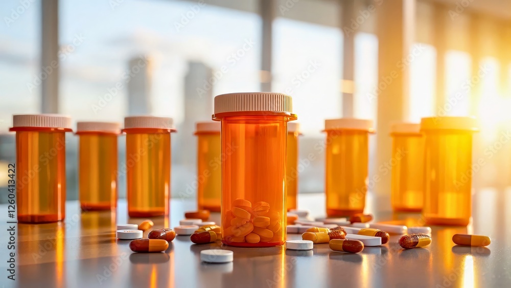 Bright and Colorful Prescription Bottles with Pills in Sunny Pharmacy Environment Bright and Colorful Prescription Bottles with Pills in Sunny Pharmacy Environment