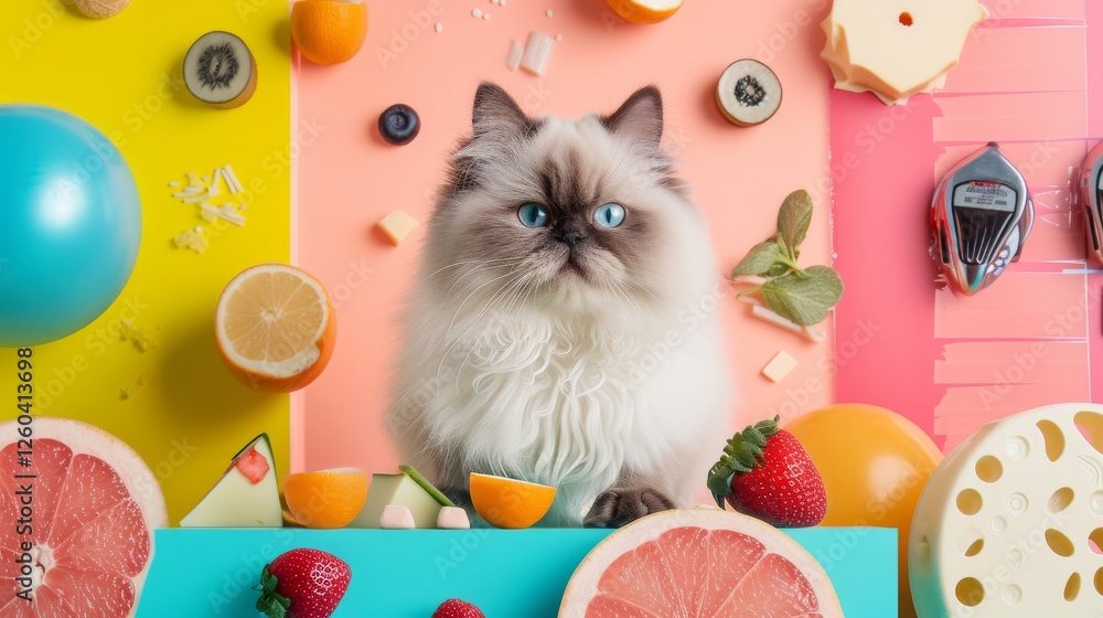 Adorable fluffy cat surrounded by citrus fruits, berries, and vibrant food elements on a bright pastel background. A whimsical and fun composition. AI generated.