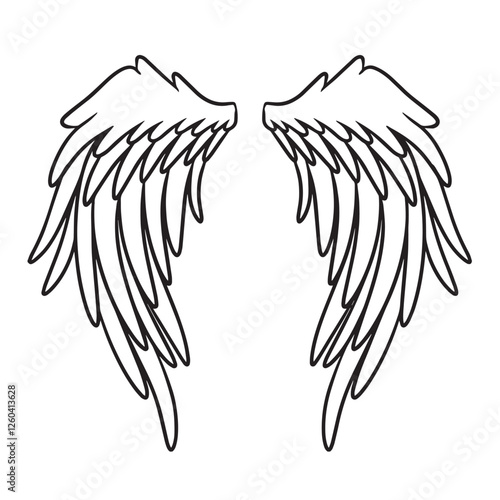 Intricate angel wings are depicted , with detailed feathers creating a symmetrical and elegant design