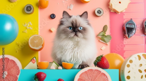 Obraz na płótnie Adorable fluffy cat surrounded by citrus fruits, berries, and vibrant food elements on a bright pastel background. A whimsical and fun composition. AI generated. w salonie