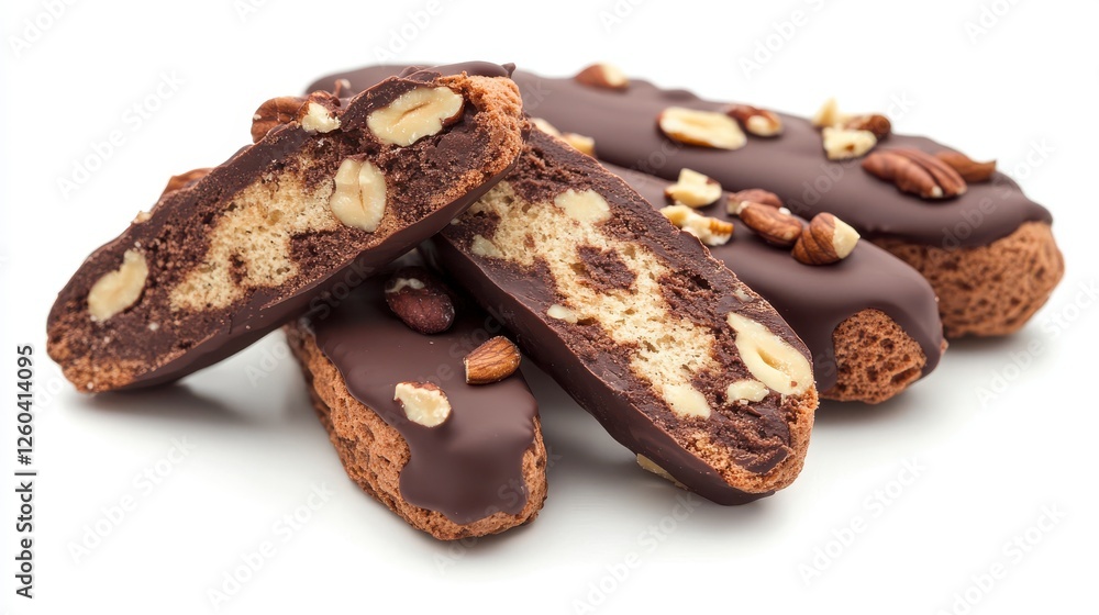 Chocolate-dipped biscotti with nuts on a white background, Chocolate-dipped biscotti with nuts on a white background,