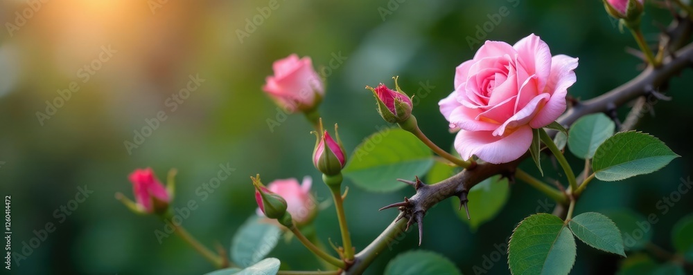 Fototapeta premium delicate pink rose stems entwined with thorns on a climbing vine, thorns, bloom