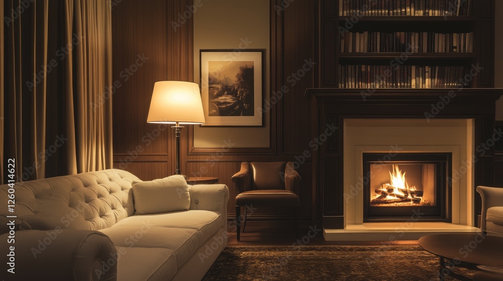 Cozy living room design with white sofa, floor lamp, bookcase, and fireplace creating a warm and inviting atmosphere for relaxation Cozy living room design with white sofa, floor lamp, bookcase, and fireplace creating a warm and inviting atmosphere for relaxation