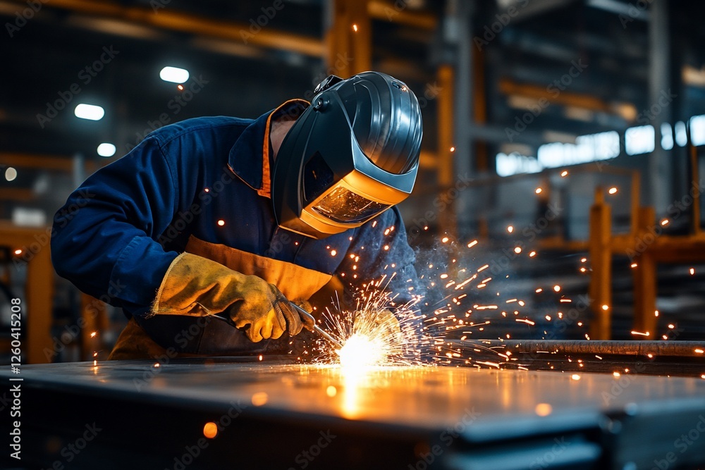 Welder works in factory, sparks fly, metal fabrication, industrial background, manufacturing image Welder works in factory, sparks fly, metal fabrication, industrial background, manufacturing image