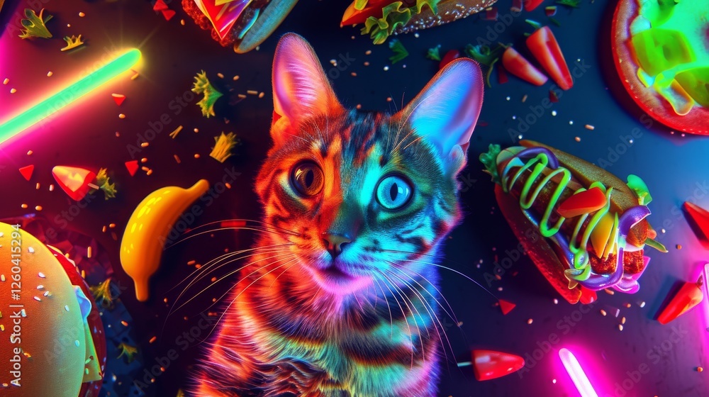 Vibrant AI-generated artwork featuring a curious cat surrounded by glowing neon lights and colorful fast food items. The surreal ambiance adds a playful futuristic vibe. AI generated.