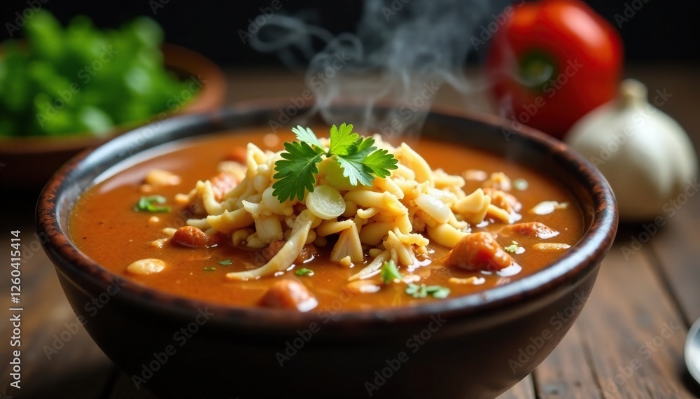 A steaming bowl of pozole filled with shredded chicken, onions, and garlic, steamy, liquid, hot A steaming bowl of pozole filled with shredded chicken, onions, and garlic, steamy, liquid, hot