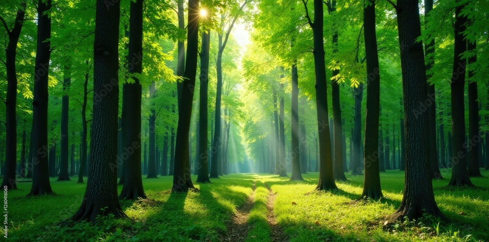 Fototapeta premium Forest of tall trees with slender trunks and leaves, woodlands, nature