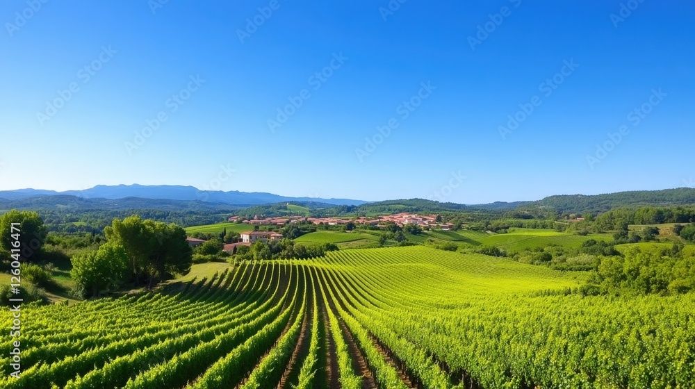 A breathtaking view of lush green vineyards under a clear blue sky, showcasing rolling hills and picturesque farmland, perfect for relaxation and appreciating nature's beauty. A breathtaking view of lush green vineyards under a clear blue sky, showcasing rolling hills and picturesque farmland, perfect for relaxation and appreciating nature's beauty.