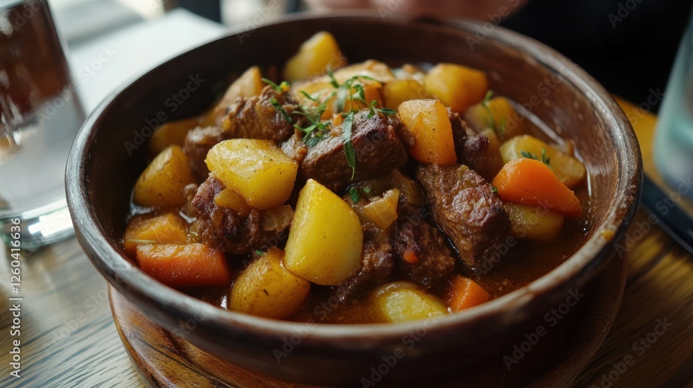 Delicious beef stew with potatoes and carrots served in rustic bowl Delicious beef stew with potatoes and carrots served in rustic bowl