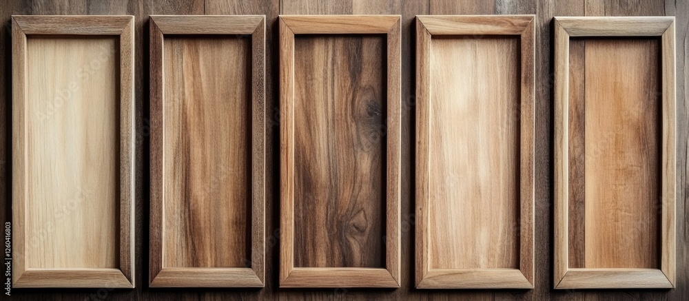 Wooden wall frame background featuring seven distinct wooden elements with ample empty space for customizable text or graphics Wooden wall frame background featuring seven distinct wooden elements with ample empty space for customizable text or graphics