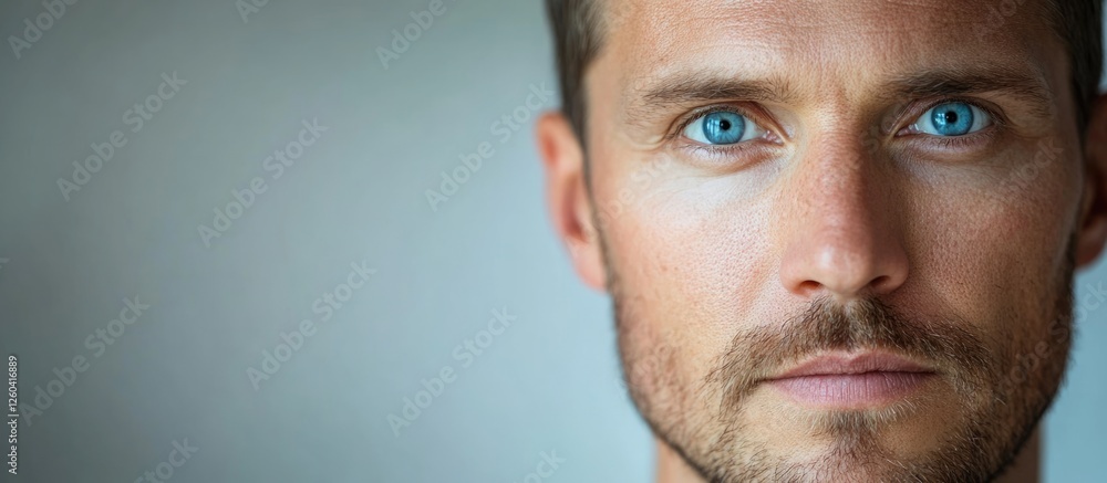 Obraz premium Professional portrait of a man with striking blue eyes and neutral background space for customizable text or design elements.