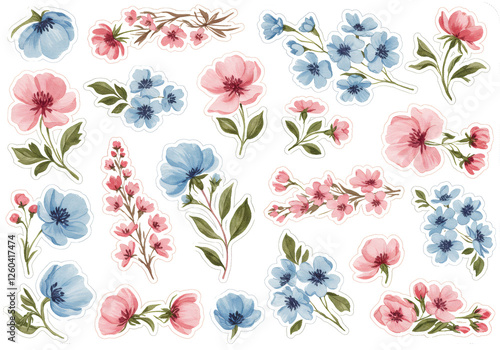 Abstract Floral Pattern Design With Pink And Blue Flowers with Generic Terms Replacing Brand Names photo