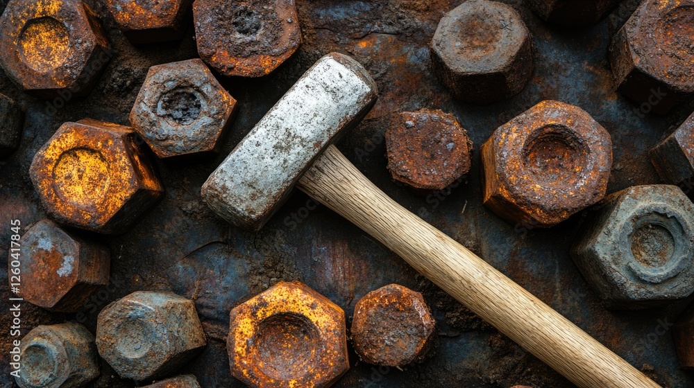 Cracked ring lock nut and hammer on rusty nuts background for heating battery repair or replacement with empty copyspace Cracked ring lock nut and hammer on rusty nuts background for heating battery repair or replacement with empty copyspace