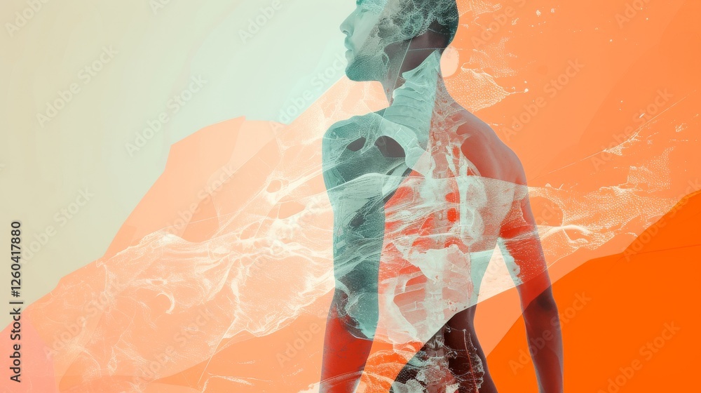 A human silhouette merged with organic shapes and translucent layers in warm and soft hues, offering a blend of artistic and anatomical elements. AI generated.