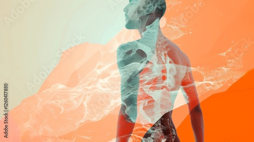 A human silhouette merged with organic shapes and translucent layers in warm and soft hues, offering a blend of artistic and anatomical elements. AI generated.