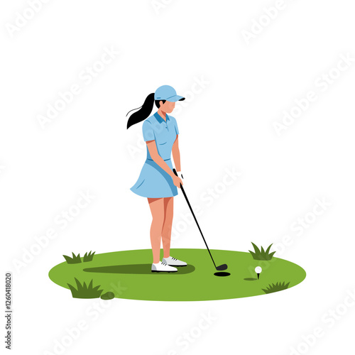 Woman Golfer Putting Ball Into Hole Illustration on Green Course