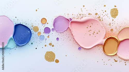 Colorful painting with gold glitter and pink and blue colors. Minimalistic background.